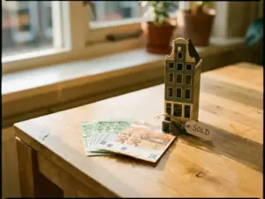 Euro biljetten naast een schaalmodel van een Hollands grachtenpand met verkocht-bord op een eiken bureau, warm middaglicht.