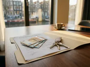 Ondertekend koopcontract woning op modern bureau met eurobiljetten en huissleutels, warm Amsterdams kanalicht op de achtergrond.