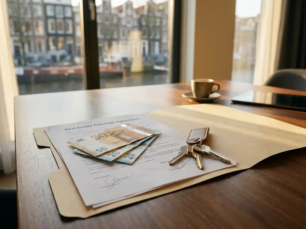 Ondertekend koopcontract woning op modern bureau met eurobiljetten en huissleutels, warm Amsterdams kanalicht op de achtergrond.