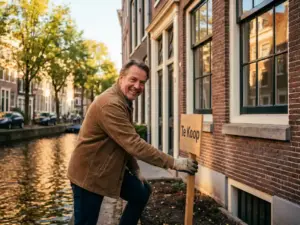 Zelfverzekerde huiseigenaar plaatst een Te Koop-bord voor een Amsterdams grachtenpand met bakstenen gevel en grote ramen.