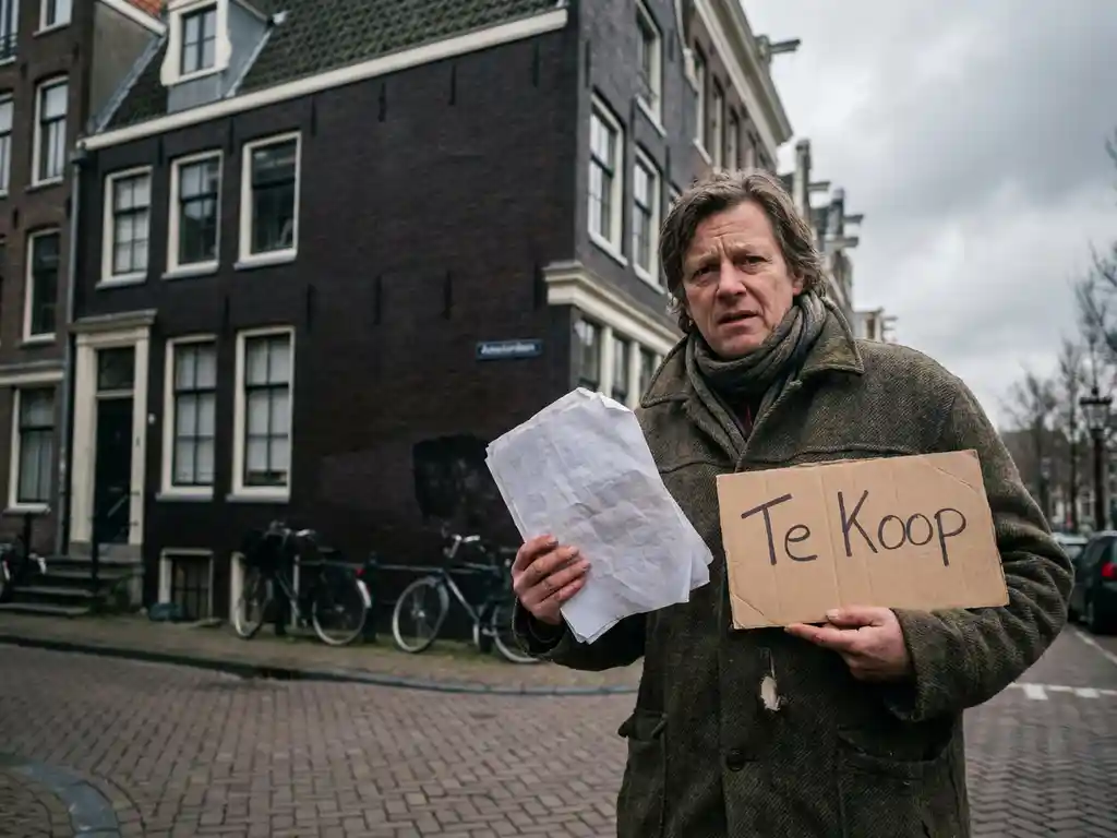 Huiseigenaar met ongesigneerde documenten voor Amsterdams grachtenpand met handgeschreven "Te Koop"-bord onder bewolkte lucht.