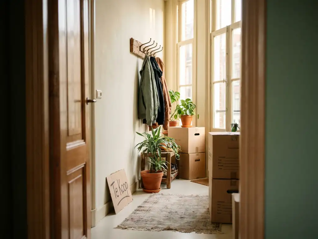 Verhuisdozen, kapstok en kamerplanten in een lichte Amsterdamse grachtenwoning met een Te Koop-bord tegen de muur.