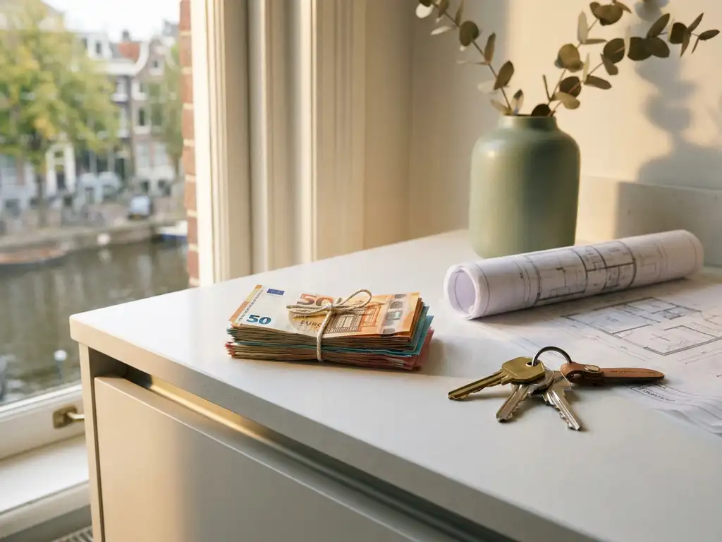 Eurobiljetten gestapeld naast huissleutels en een plattegrond op een wit aanrecht, met warm Amsterdams kanaallicht.