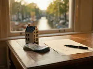 Euro bankbiljetten en miniatuur huis op notarisbureau in Amsterdam, naast ondertekend document en pen, warm natuurlijk licht.