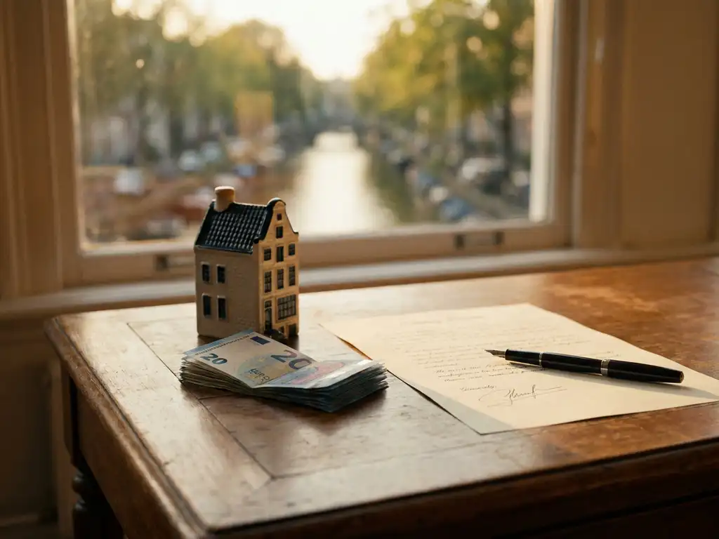 Euro bankbiljetten en miniatuur huis op notarisbureau in Amsterdam, naast ondertekend document en pen, warm natuurlijk licht.