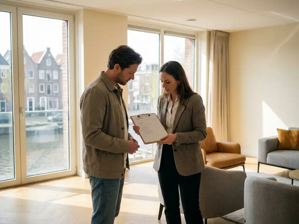 Makelaar en woningeigenaar bekijken inspectielijst op klembord tijdens eindinspectie in licht modern Amsterdams appartement.