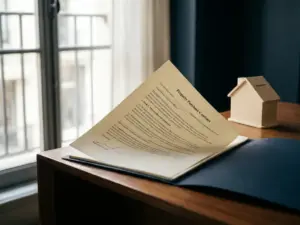 Ondertekend koopcontract op modern bureau naast houten huismodel, met opgelicht contractblad in zacht Amsterdams daglicht.