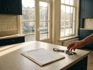 Getekend koopcontract met huissleutels op keukenblad in licht Amsterdams grachtenpand.