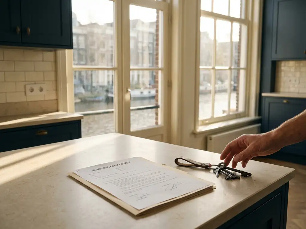 Getekend koopcontract met huissleutels op keukenblad in licht Amsterdams grachtenpand.