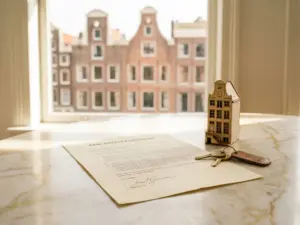 Getekend koopcontract woning op marmeren bureau met huissleutels en schaalmodel, Amsterdamse grachtenpanden zichtbaar op achtergrond.