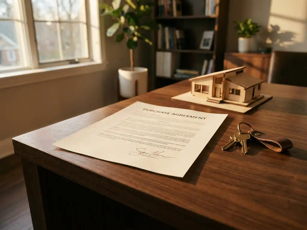 Ondertekend koopcontract op houten bureau naast huissleutels en architectuurmaquette, warme middagzon, vastgoed sfeer.