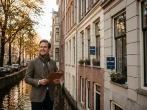 Makelaar met klembord voor een Amsterdams grachtenpand met grote ramen en terracotta gevels in herfstig goudlicht.