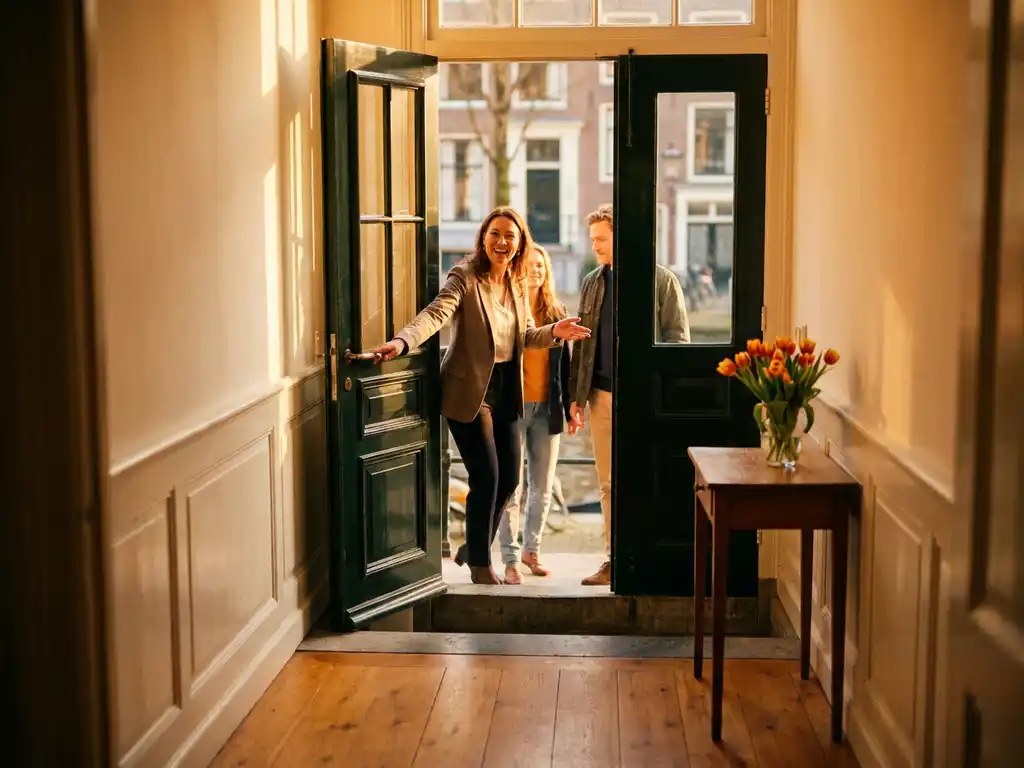 Makelaar opent voordeur van Amsterdams grachtenpand, warm middagzonlicht verlicht houten vloer, witte muren en verse tulpen op bijzettafel.