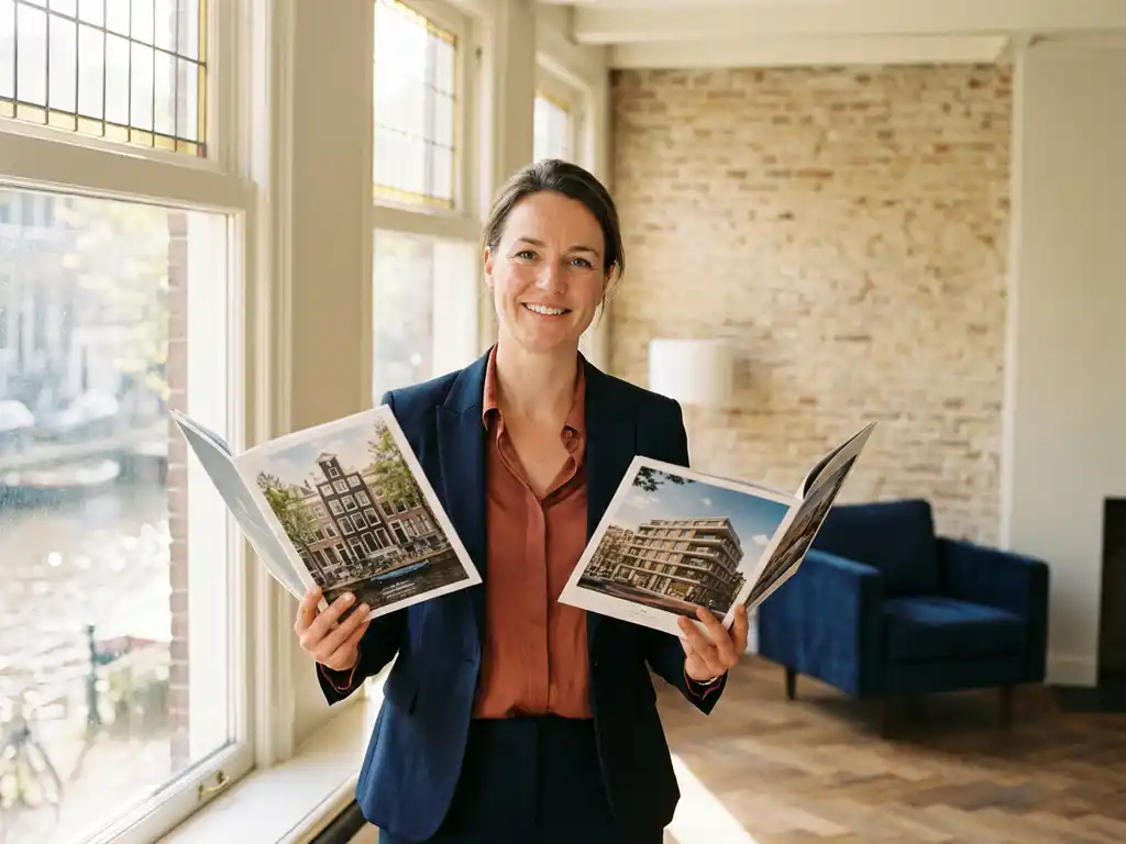 Makelaar houdt twee woningbrochures in Amsterdams grachtenpand met eiken visgraatparket en bakstenen muur.