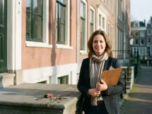 Makelaar met klembord en woningdocumenten voor een Amsterdams grachtenpand, met meetlint en sleutels op een stenen richel.