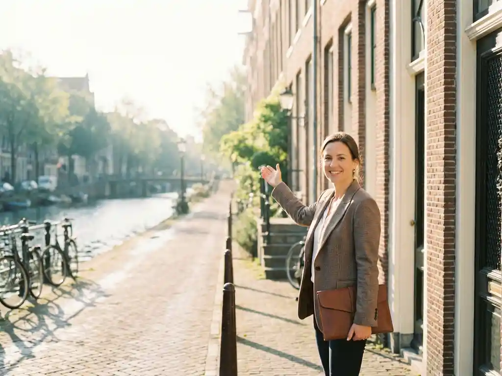 Makelaar wijst naar een Amsterdams grachtenpand met warme bakstenen gevel, ochtendlicht op de keien en rustig water op de achtergrond.