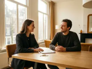 Makelaar en klant in gesprek aan houten tafel in licht Amsterdams appartement, met woningdocumenten en sleutels op tafel.