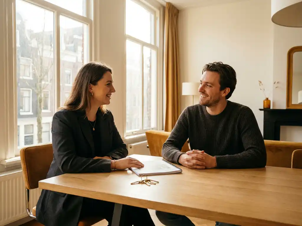 Makelaar en klant in gesprek aan houten tafel in licht Amsterdams appartement, met woningdocumenten en sleutels op tafel.