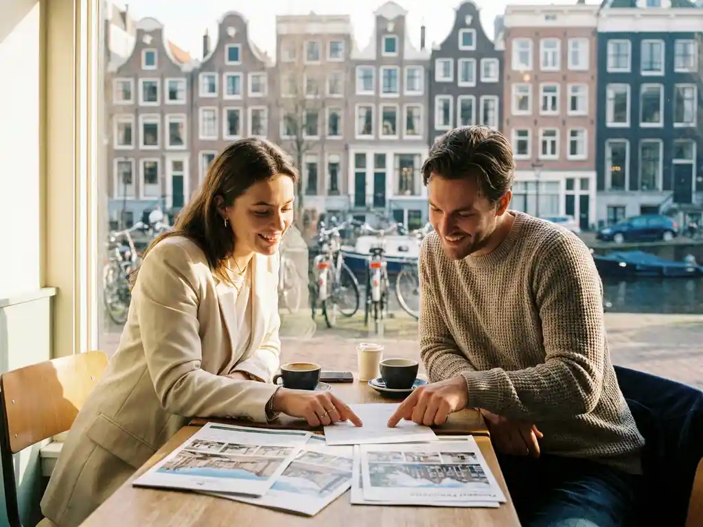 Makelaar en klant bespreken woninglijsten aan een zonnig cafétafel langs een Amsterdams gracht, met historische gevels op de achtergrond.