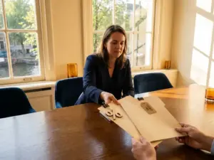 Makelaar schuift twee verschillende kostenoverzichten over eikenhouten bureau naar klant in licht Amsterdams grachtenpand.