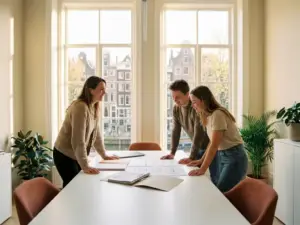 Makelaar bespreekt woningdocumenten met jong stel aan wit bureau in modern Amsterdams kantoor met uitzicht op grachtenhuizen.
