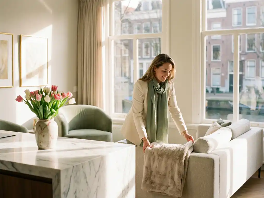 Makelaar stylt interieur van Amsterdams grachtenpand met tulpen in keramieken vaas op marmeren aanrechtblad, warm middaglicht door hoge ramen.