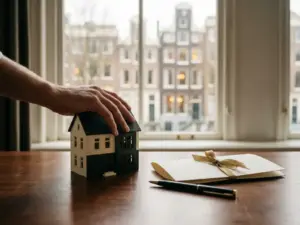 Makelaar plaatst miniatuurhuis op bureau naast koopcontract en pen, met Amsterdamse grachtenpanden op de achtergrond.