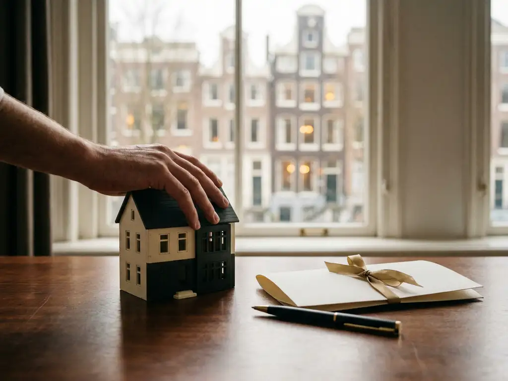 Makelaar plaatst miniatuurhuis op bureau naast koopcontract en pen, met Amsterdamse grachtenpanden op de achtergrond.