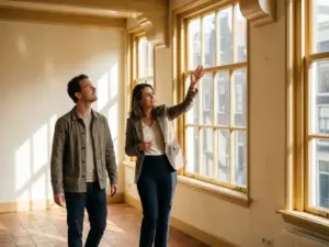 Makelaar in smart casual kleding begeleidt klant door lichte Amsterdamse grachtenwoning, wijzend naar architectuurdetails in warm middaglicht.