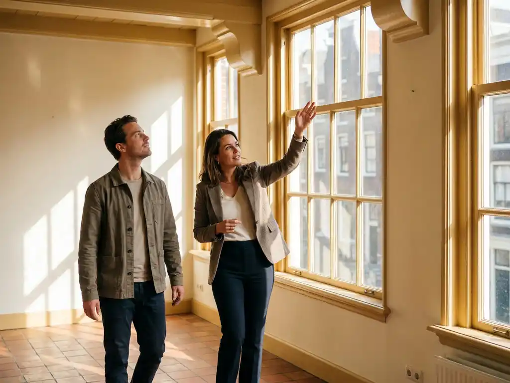 Makelaar in smart casual kleding begeleidt klant door lichte Amsterdamse grachtenwoning, wijzend naar architectuurdetails in warm middaglicht.