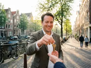 Makelaar overhandigt huissleutels op een zonnige Amsterdamse gracht, historische gevels en fietsen op de achtergrond.