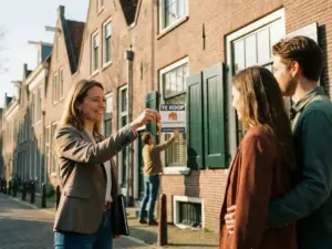 Makelaar overhandigt huissleutels bij een Amsterdams grachtenpand, op de achtergrond wordt een te-koopbord verwijderd.