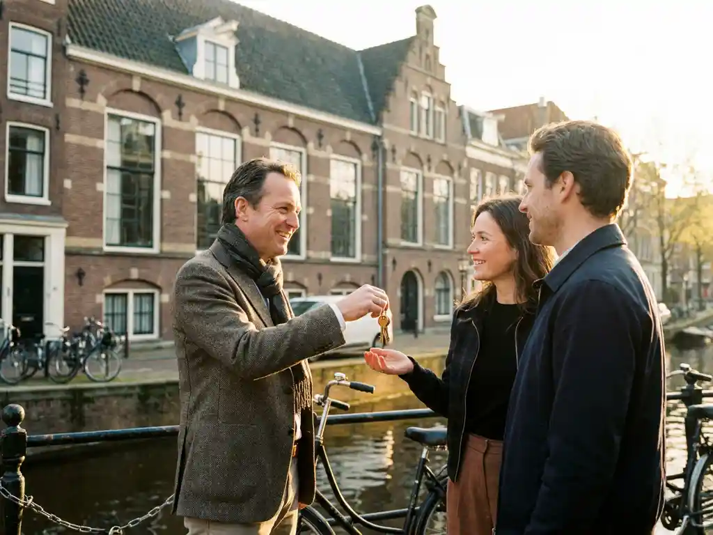 Makelaar overhandigt sleutels voor Amsterdams grachtenpand met bakstenen gevel en boogvensters in warm middaglicht.
