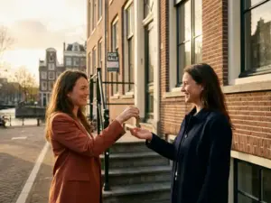 Makelaar overhandigt huissleutels aan blije nieuwe eigenaar op de stoep van een Amsterdams grachtenpand in warm middaglicht.