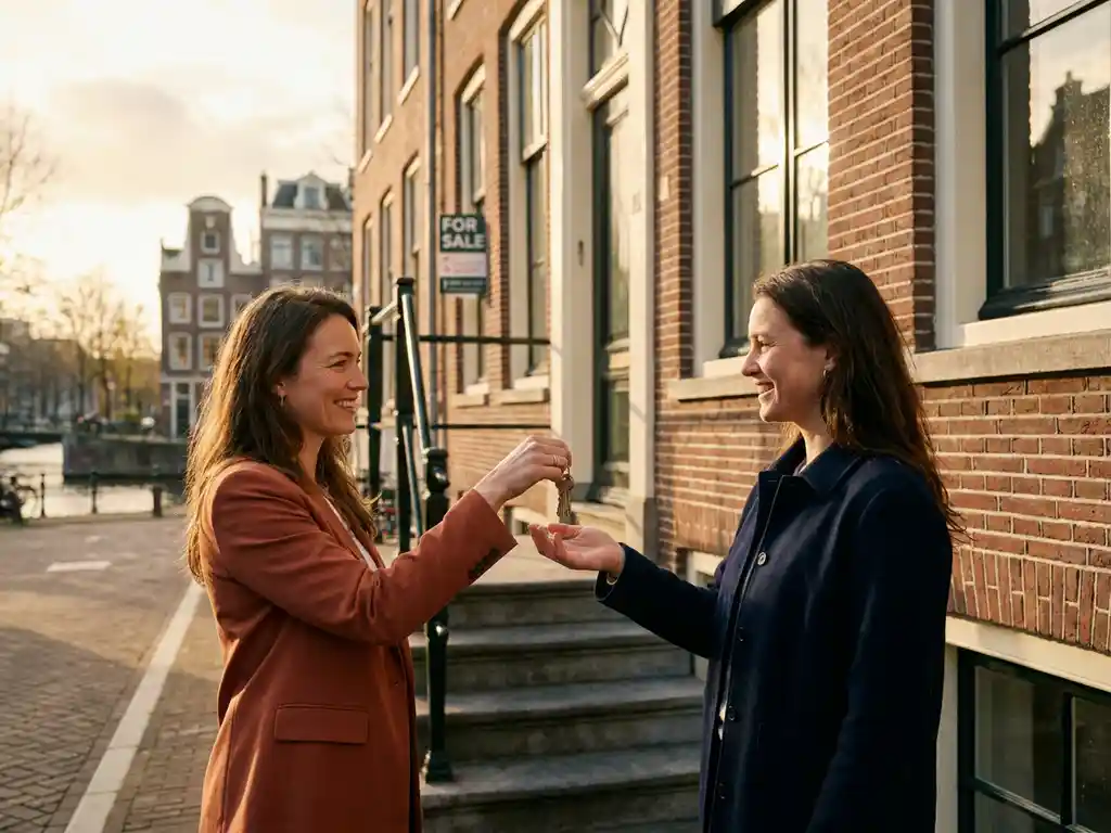 Makelaar overhandigt huissleutels aan blije nieuwe eigenaar op de stoep van een Amsterdams grachtenpand in warm middaglicht.