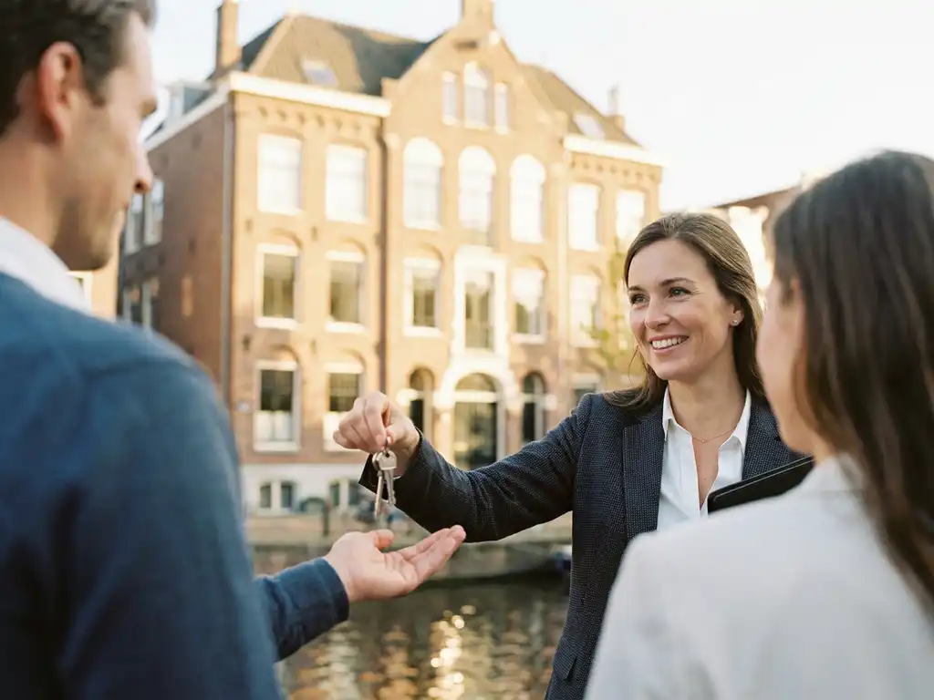 Makelaar overhandigt huissleutels bij Amsterdams grachtenpand met warme bakstenen gevel en boogvensters in middaglicht.
