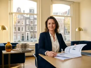 Makelaar bestudeert verkoopplan aan bureau met zicht op Amsterdamse grachtenpanden in gouden middaglicht.