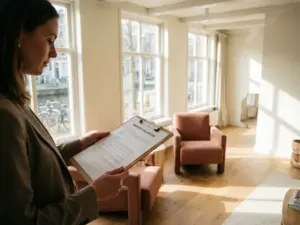 Makelaar met klembord bekijkt taxatiedocument in lichte Amsterdamse grachtenwoning met eiken vloer en hoge ramen.