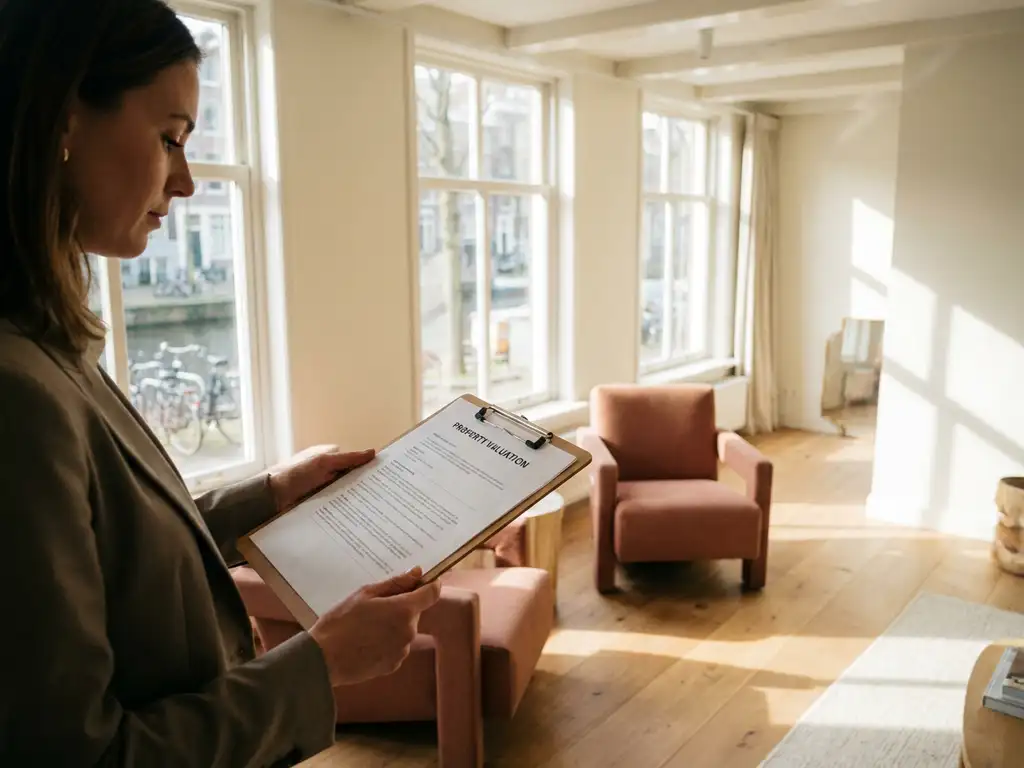 Makelaar met klembord bekijkt taxatiedocument in lichte Amsterdamse grachtenwoning met eiken vloer en hoge ramen.
