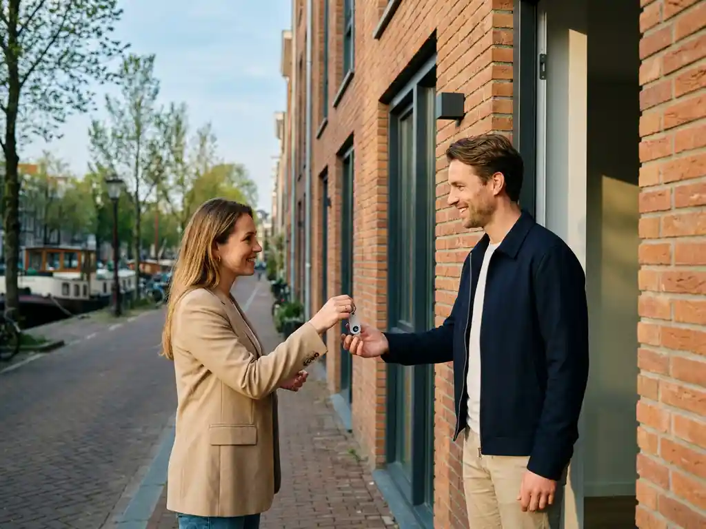 Makelaar overhandigt sleutel aan koper op drempel van nieuwbouw woning in Amsterdam, bakstenen gevel in warm middaglicht.