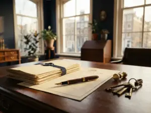 Notarieel bureau met eigendomsakte, vulpen, huissleutels en zegelstempel in warm Amsterdams kanalicht.