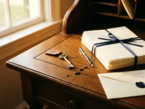 Notarieel bureau met huissleutel, stapel officiële documenten, pen en bankgarantie-envelop in warm middaglicht.