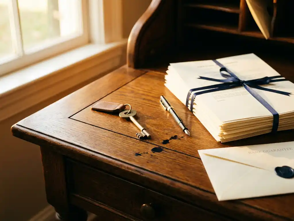 Notarieel bureau met huissleutel, stapel officiële documenten, pen en bankgarantie-envelop in warm middaglicht.