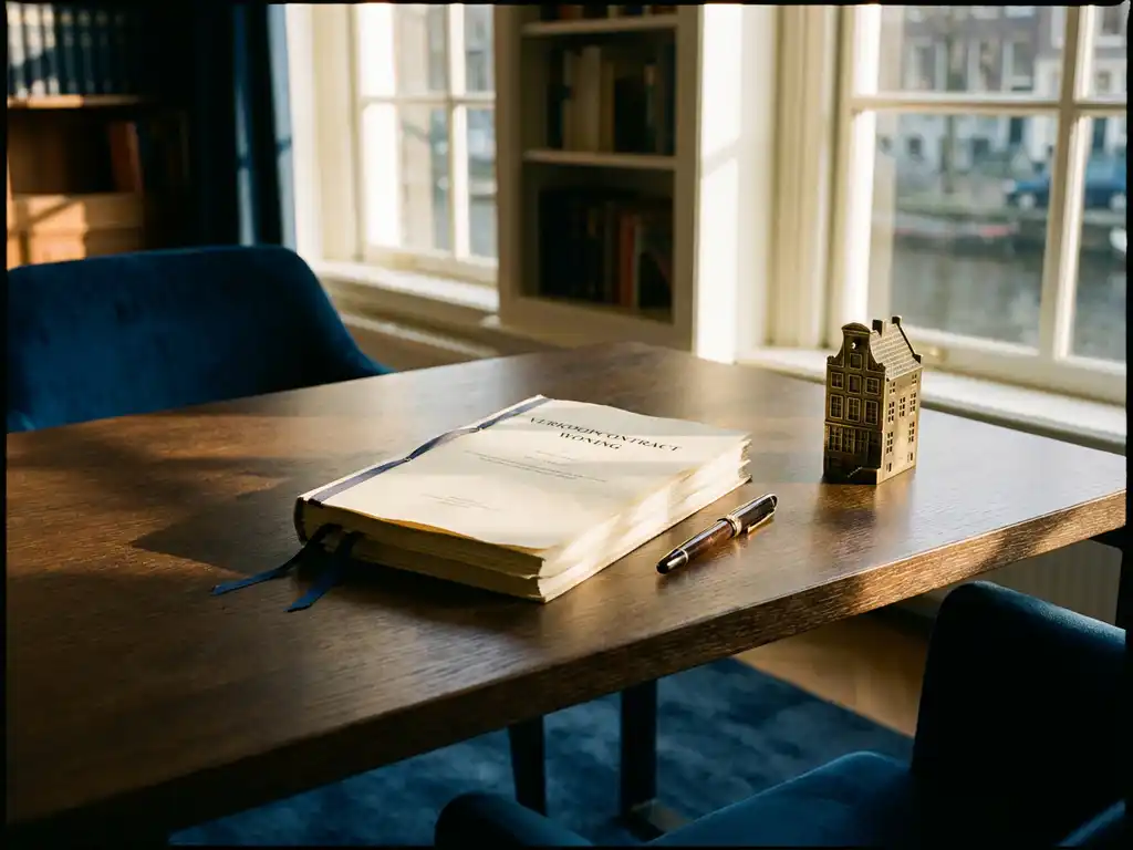 Notarisbureau met verkoopcontract, vulpen en miniatuurhuisje in warm Amsterdams kameraarslicht.