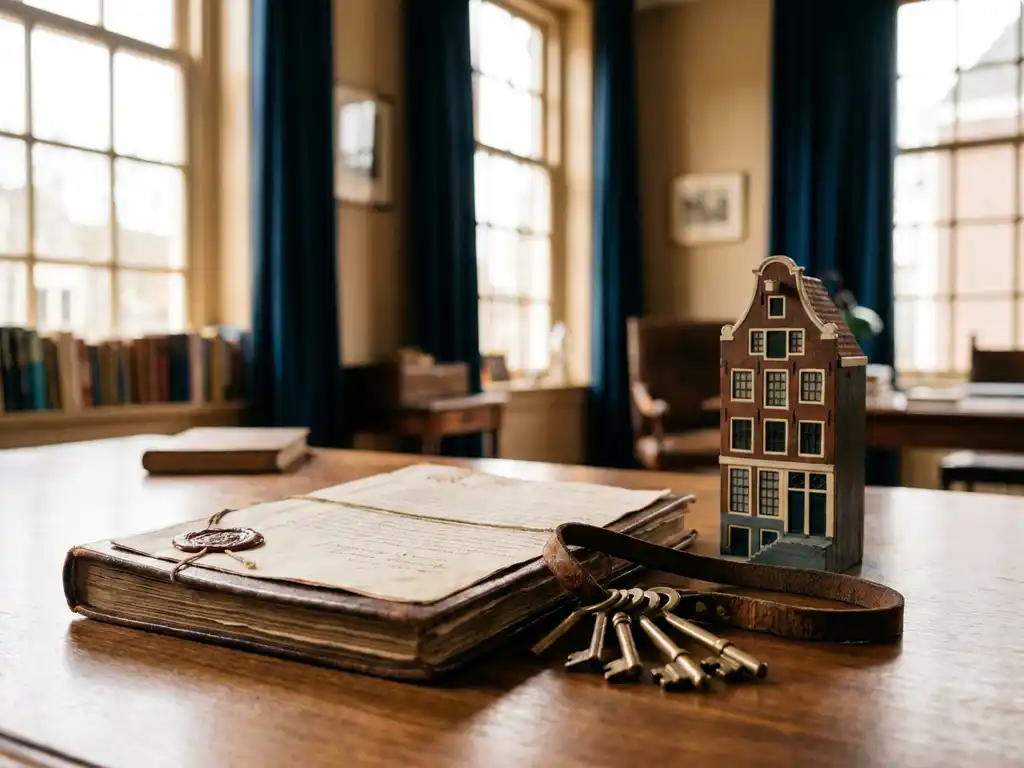 Notariële akte en huissleutels op houten bureau naast miniatuur Amsterdams grachtenpand, warm natuurlijk licht.
