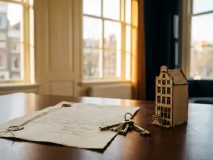 Notariële akte en huissleutels op houten bureau naast miniatuur Amsterdams grachtenpand, warm daglicht op de achtergrond.