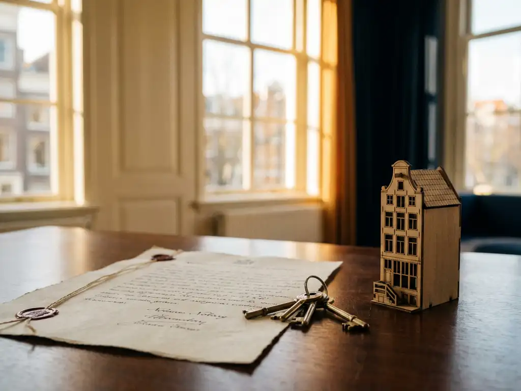 Notariële akte en huissleutels op houten bureau naast miniatuur Amsterdams grachtenpand, warm daglicht op de achtergrond.