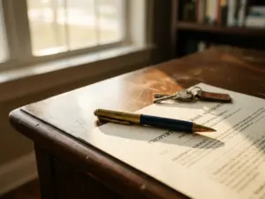 Notarispen op ondertekend koopcontract met huissleutels op houten bureau, warm middaglicht.