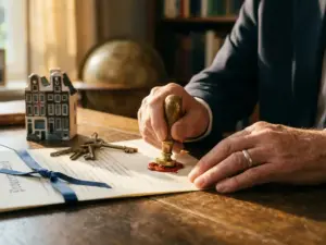 Notaris drukt officieel lakzegel op eigendomsakte, met huissleutels en Amsterdams grachtenpandmodel op donker eikenhouten bureau.