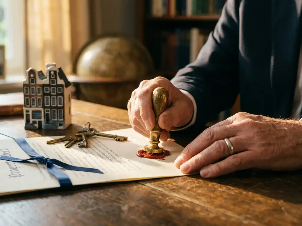 Notaris drukt officieel lakzegel op eigendomsakte, met huissleutels en Amsterdams grachtenpandmodel op donker eikenhouten bureau.